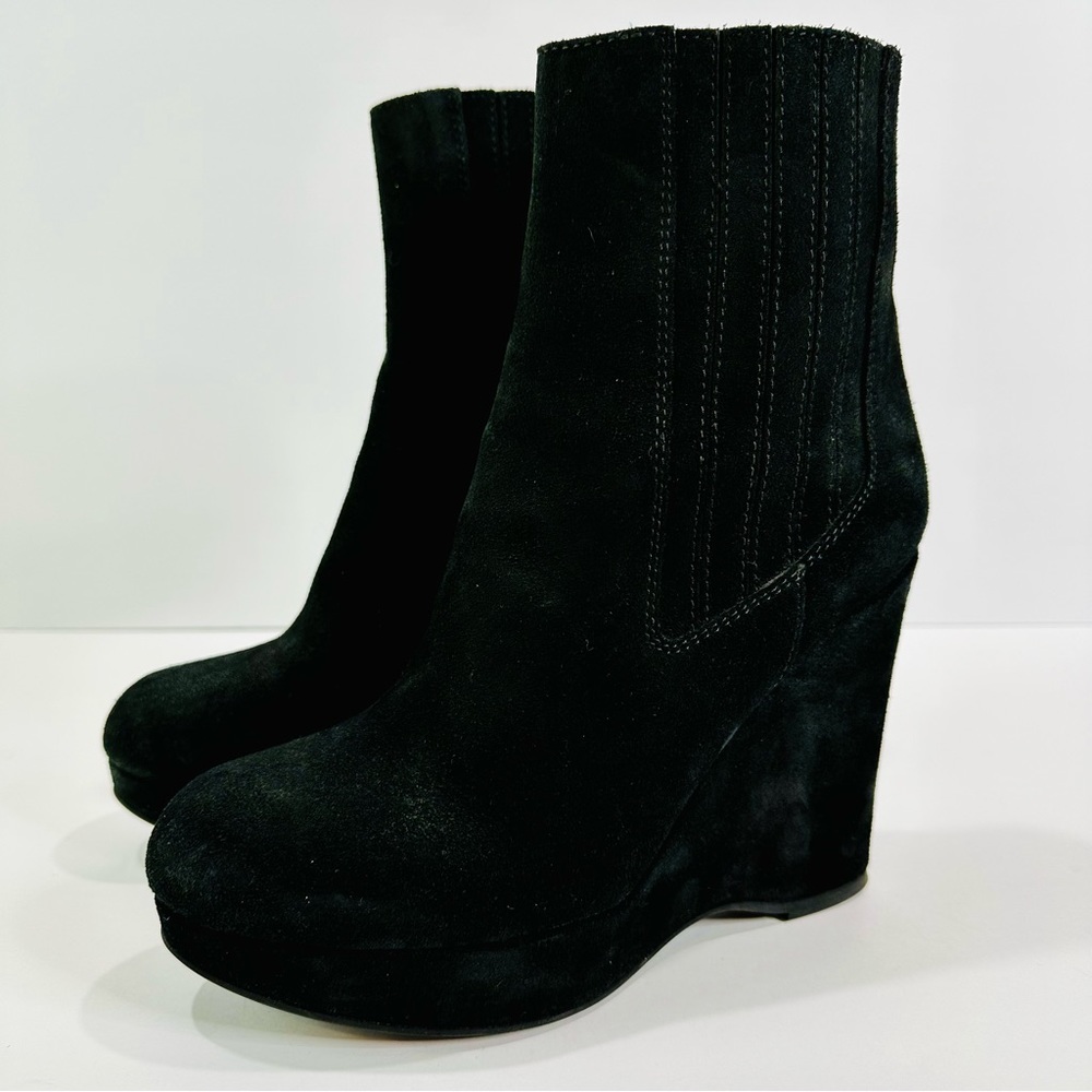 🎀 JUICY COUTURE SEUDE BLACK PLATFORM 4 1/2” WEDGE HEEL WORN ONCE SIZE 10 ITALY